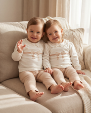 Organic Cotton Interlock Ecru/Dusty Pink Long Sleeve Blouse & Pants Set - Bow Detail (2 Piece)
