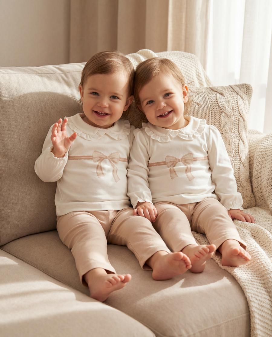 Organic Cotton Interlock Ecru/Dusty Pink Long Sleeve Blouse & Pants Set - Bow Detail (2 Piece)