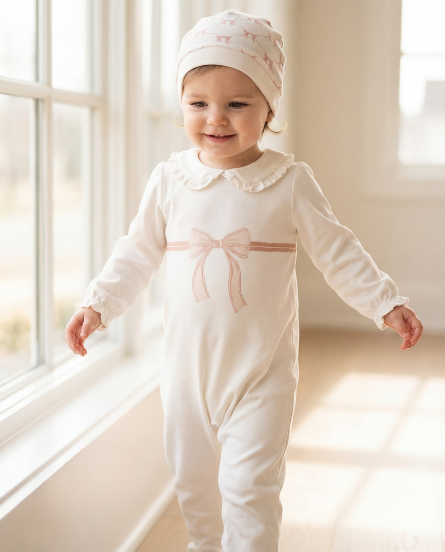 100% Organic Cotton Interlock Footed Baby Romper with Hat - Soft Sustainable Sleepwear