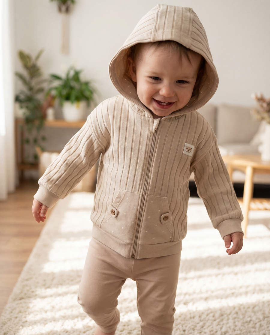 100% Organic Cotton Interlock Baby Hooded Jacket - Soft Ribbed Zip Hoodie