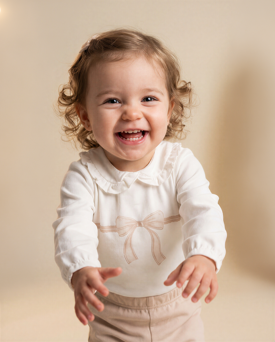 Organic Cotton Interlock Ecru/Dusty Pink Long Sleeve Blouse & Pants Set - Bow Detail (2 Piece)