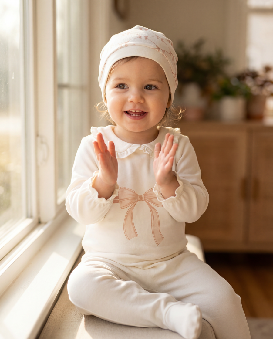 100% Organic Cotton Interlock Footed Baby Romper with Hat - Soft Sustainable Sleepwear