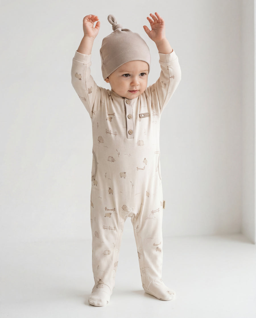 Organic Baby Footed Romper Set - Interlock Cotton with Matching Hat