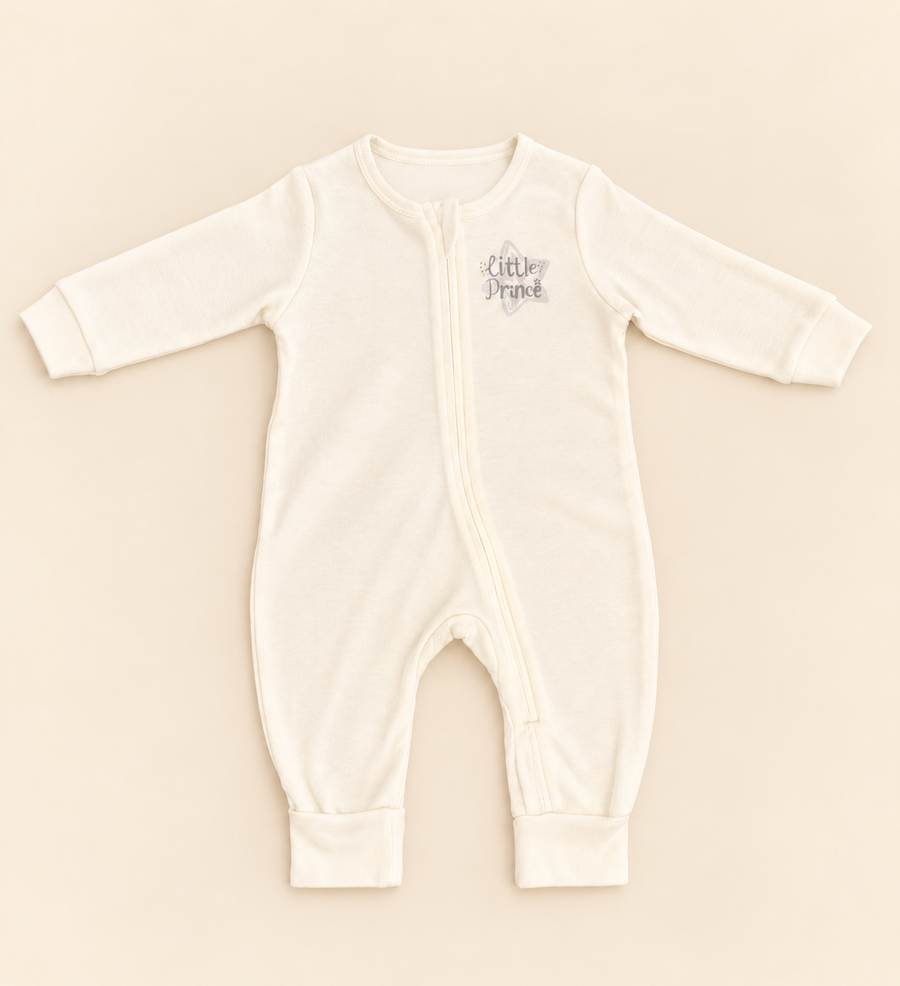Little Prince Organic Cotton Baby Romper – Cream & Soft Taupe