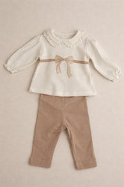 Organic Cotton Interlock Ecru/Dusty Pink Long Sleeve Blouse & Pants Set - Bow Detail (2 Piece)