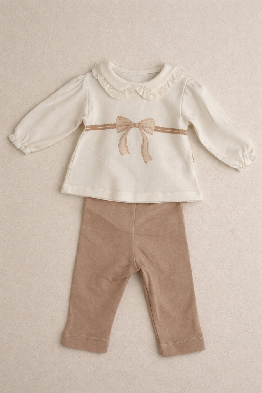 Organic Cotton Interlock Ecru/Dusty Pink Long Sleeve Blouse & Pants Set - Bow Detail (2 Piece)