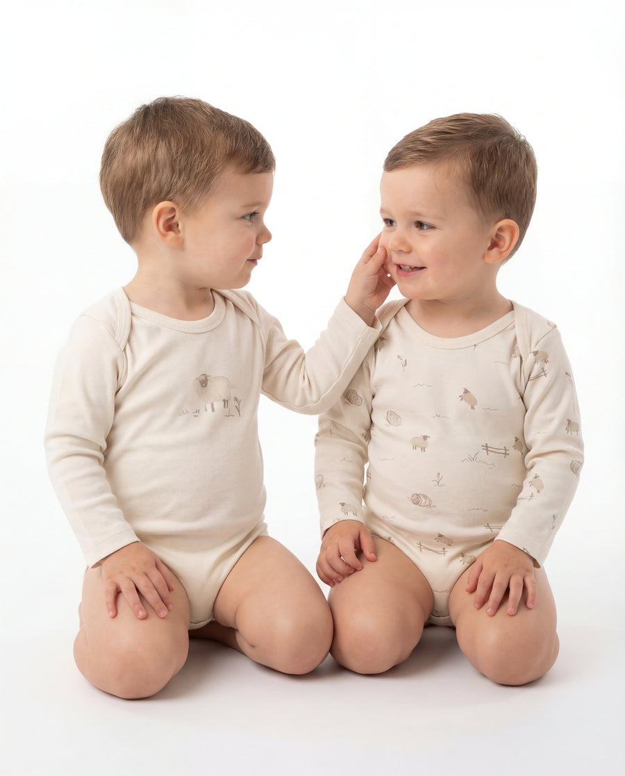 Organic Cotton Baby Bodysuits - Neutral & Little Lamb Print (2 Pack)