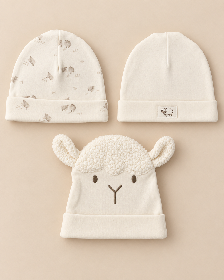Organic Cotton Baby Hat Set – 3 Pack | Cream Sheep Collection | 100% Organic Cotton Interlock