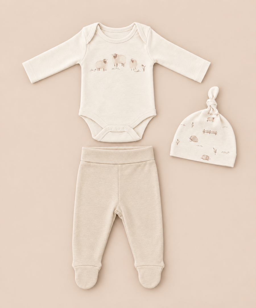 100% Organic Cotton 3-Piece Baby Set - Bodysuit, Hat & Footed Pants