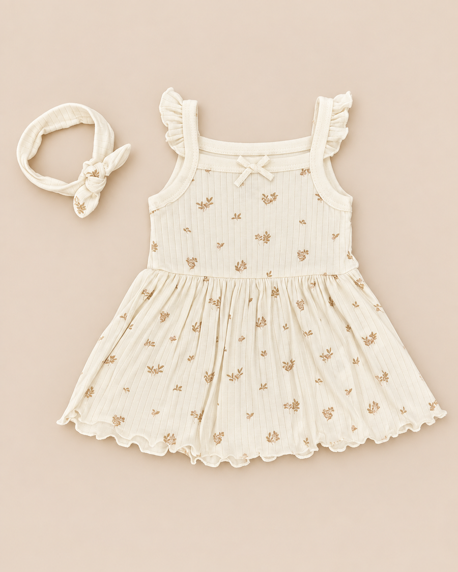 Organic Cotton Interlock Dress & Headband Set - Ivory Floral