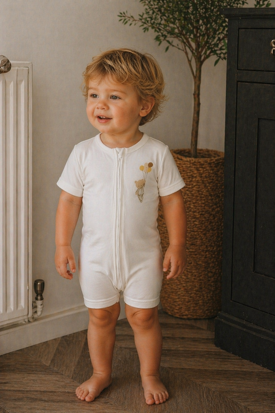 Organic Cotton Zip Front Short Sleeve Romper