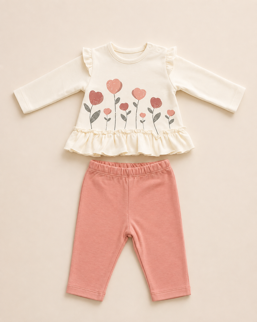 Organic Cotton Floral Ruffle Baby Two-Piece Set – Cream &amp; Dusty Rose