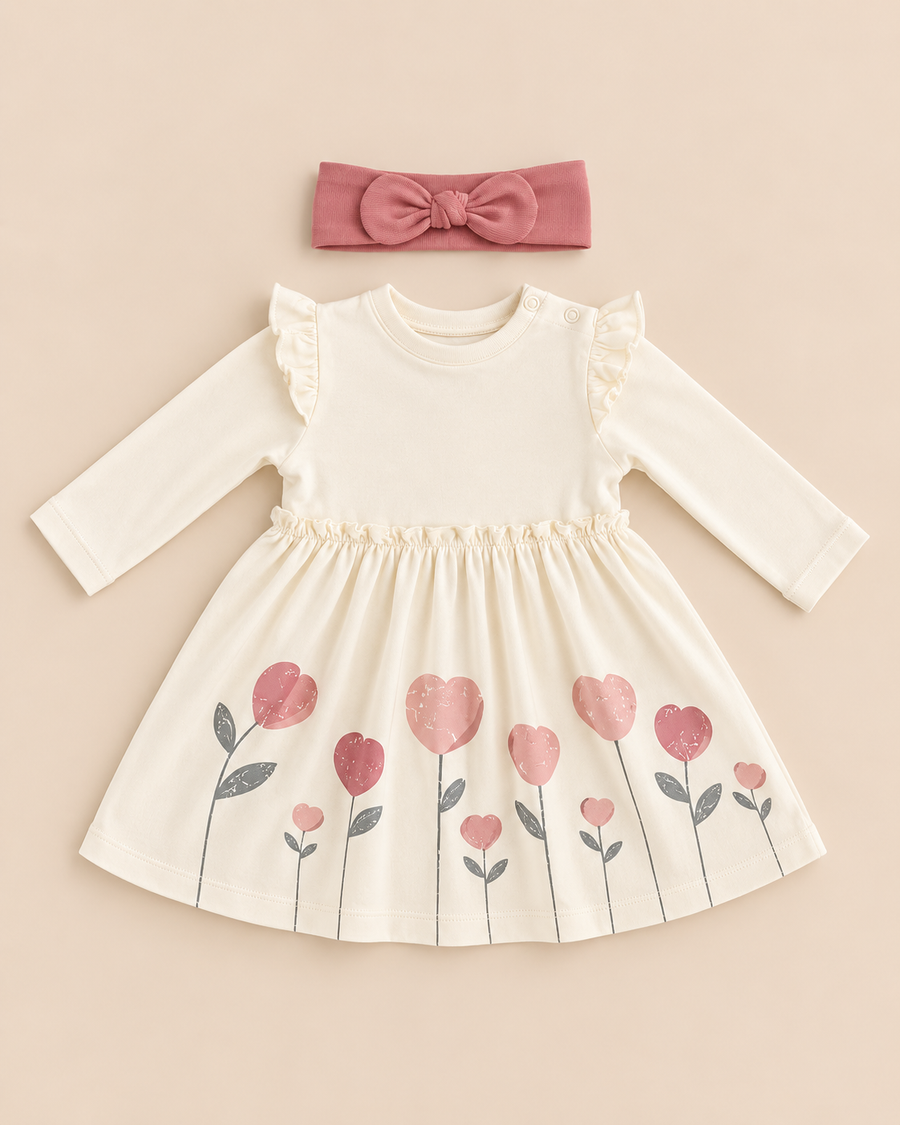 Organic Cotton Floral Baby Dress &amp; Headband Set – Warm Cream & Dusty Rose | 100% Organic Cotton Interlock