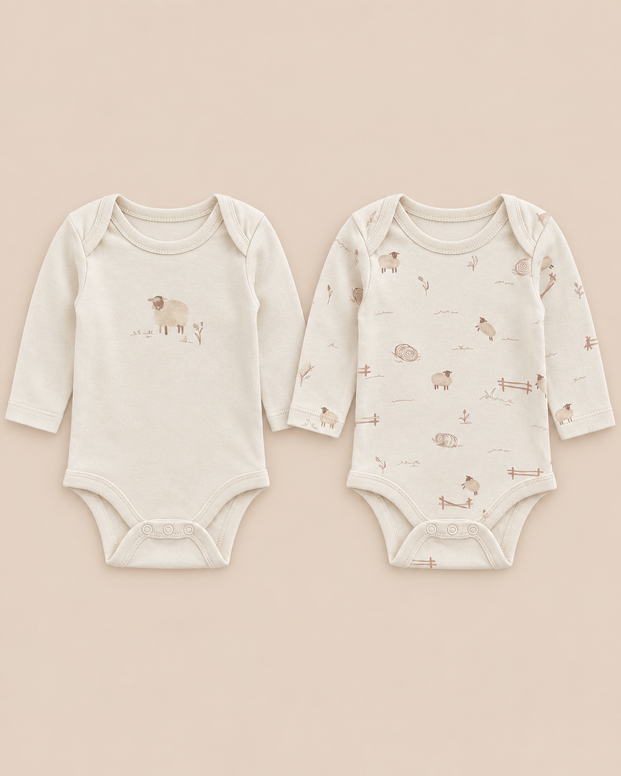 Organic Cotton Baby Bodysuits - Neutral & Little Lamb Print (2 Pack)