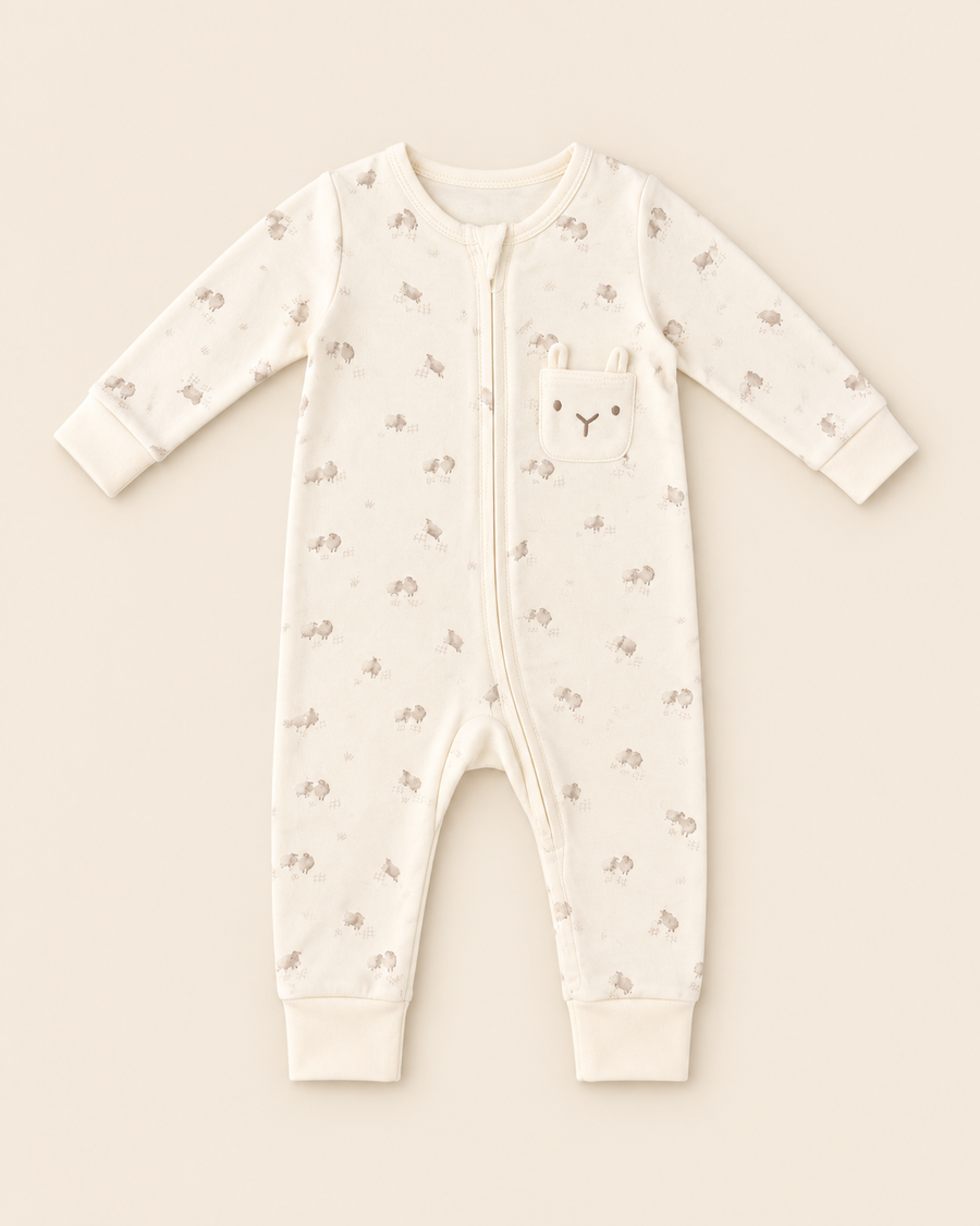 Organic Cotton Sheep Print Baby Sleepsuit – Warm Cream | 100% Organic Cotton Interlock