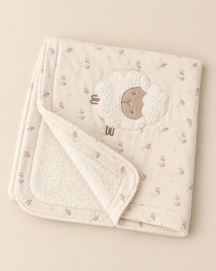 Organic Cotton Sherpa-Lined Sheep Baby Blanket – Warm Cream | 100% Organic Cotton Interlock
