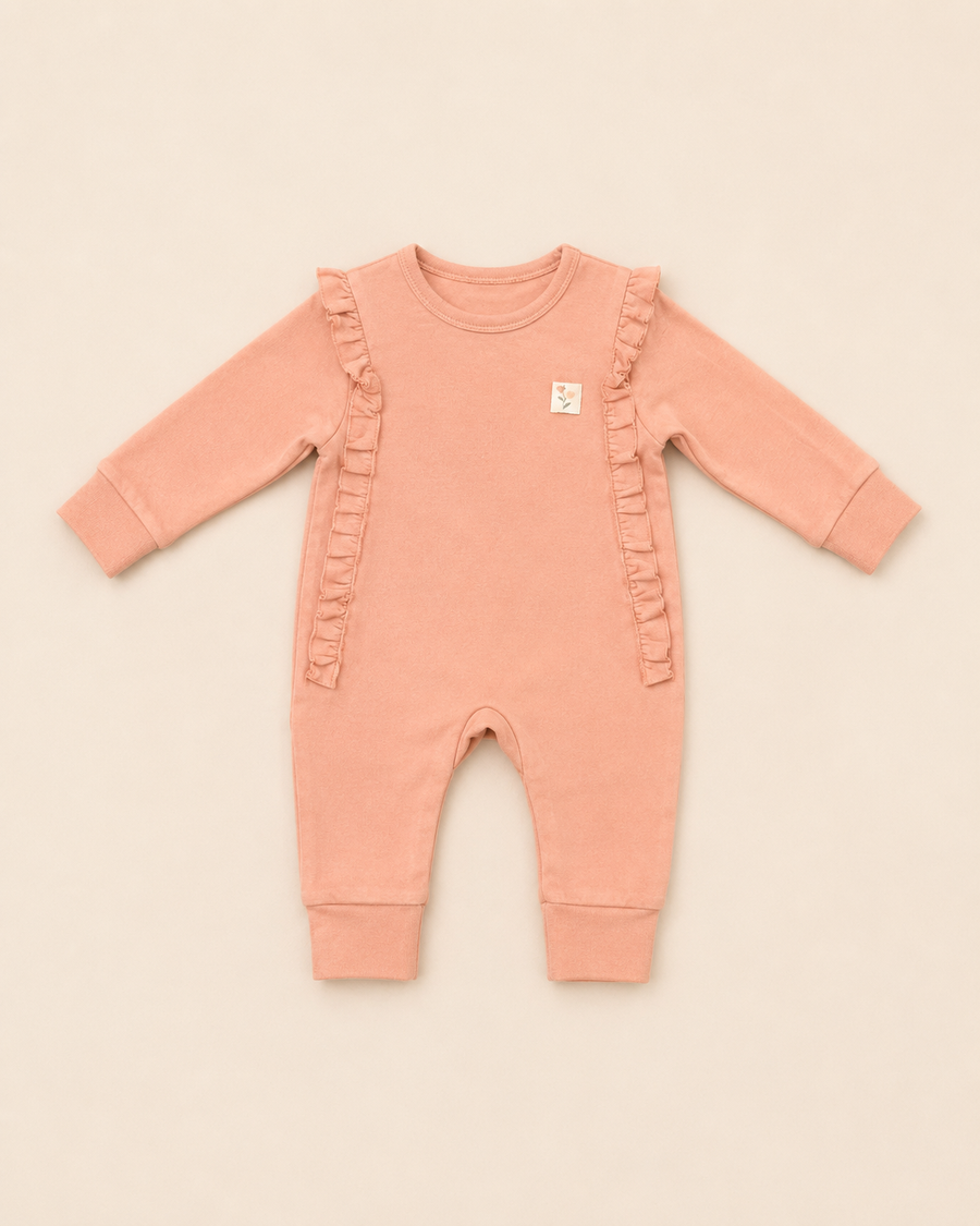 Organic Cotton Ruffle Baby Romper – Dusty Rose | 100% Organic Cotton Interlock