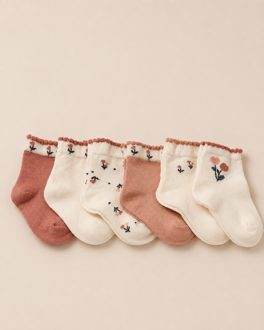 Organic Cotton Floral Baby Socks – 6 Pack | Pink & Cream