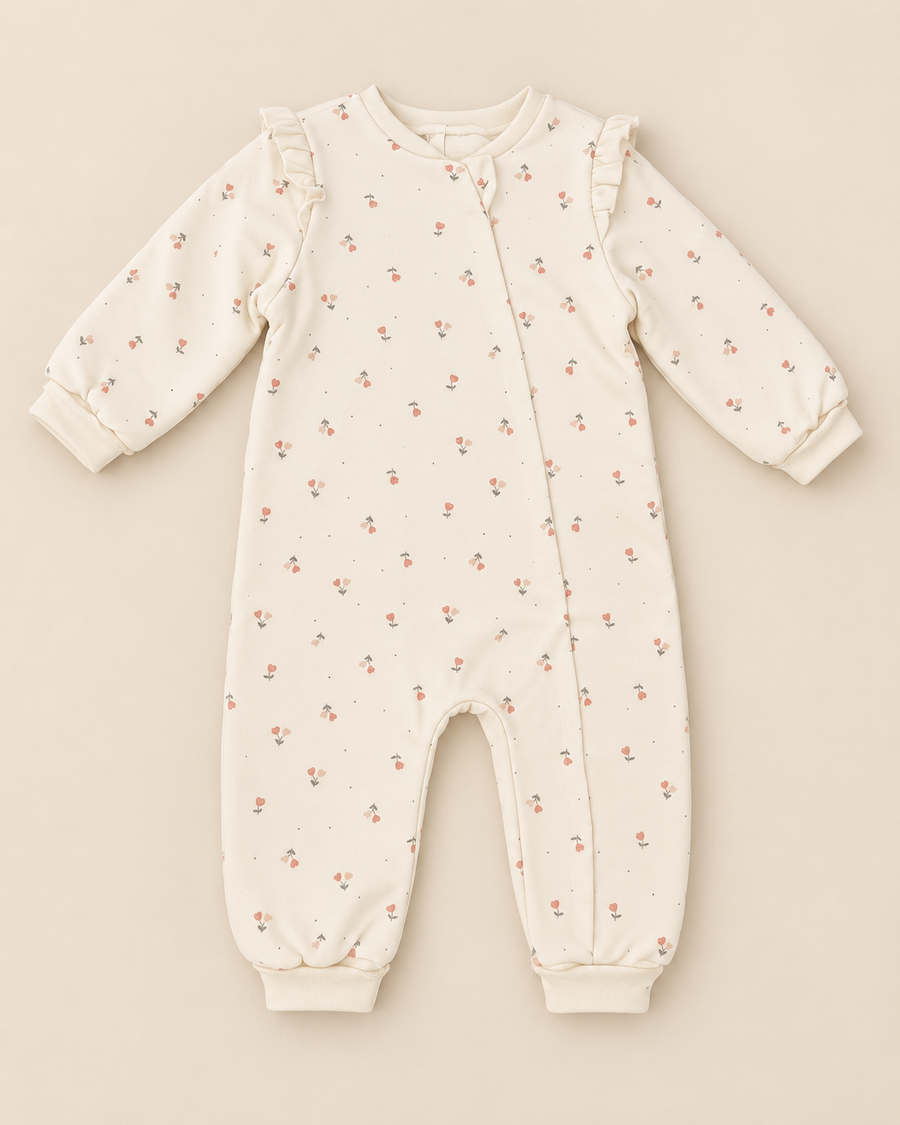 Organic Cotton Floral Ruffle Baby Romper – Warm Cream | 100% Organic Cotton Interlock