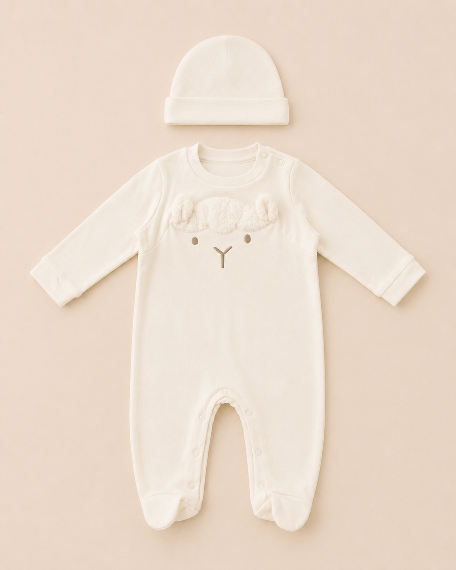 Organic Cotton Lamb Sleepsuit & Hat Set – Warm Cream | 100% Organic Cotton Interlock