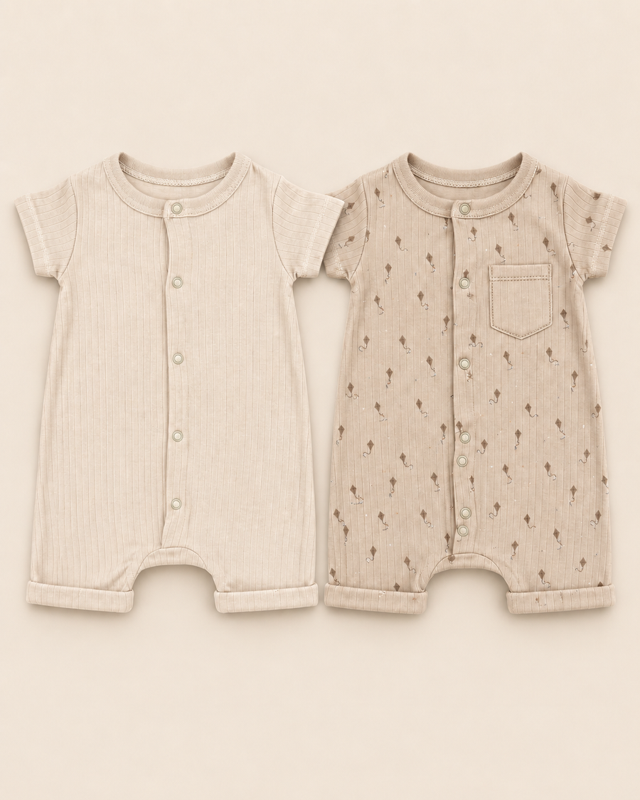 Organic Cotton Interlock Short Sleeve Romper Set - 2 Pack (Neutral & Print)
