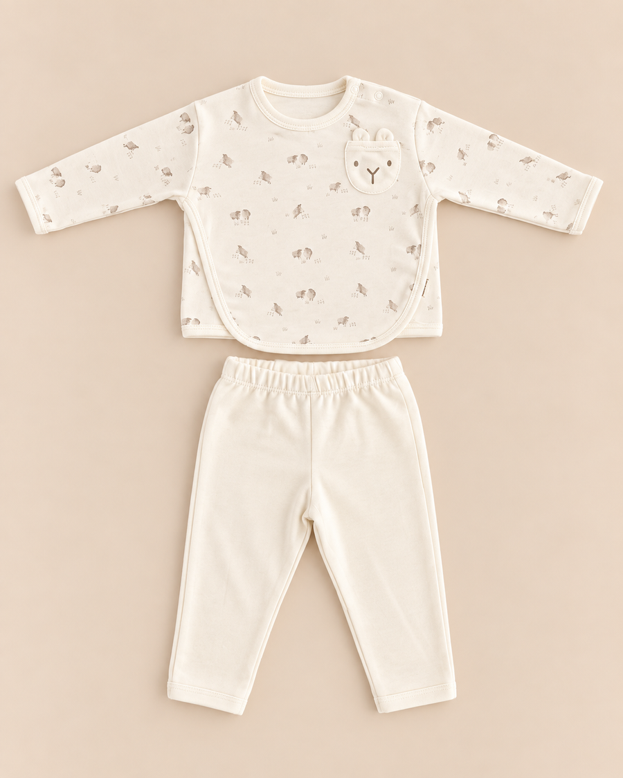 Organic Cotton Sheep Print Baby Two-Piece Set – Warm Cream | 100% Organic Cotton Interlock