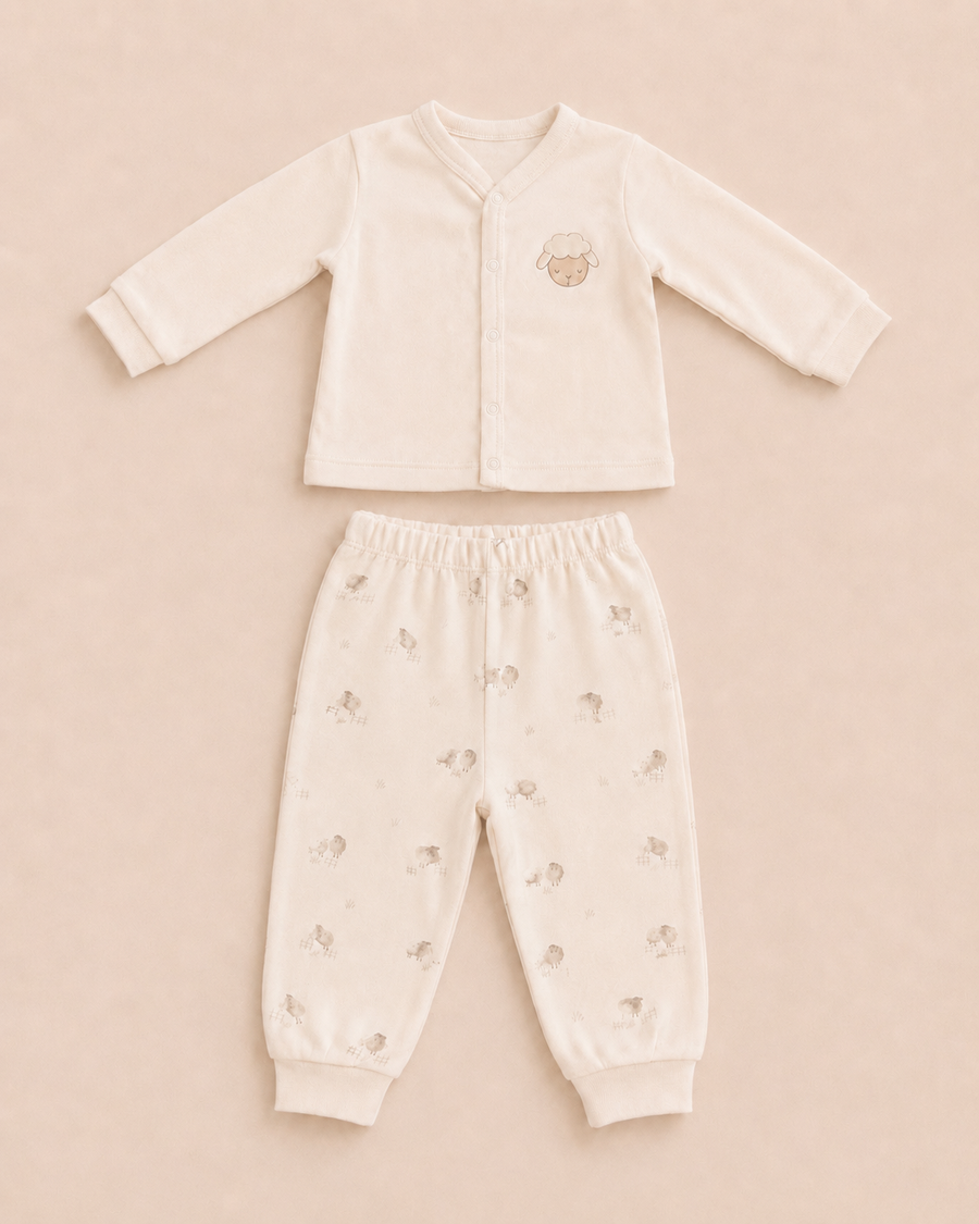 Organic Cotton Sheep Print Baby Two-Piece Set – Cream | 100% Organic Cotton Interlock