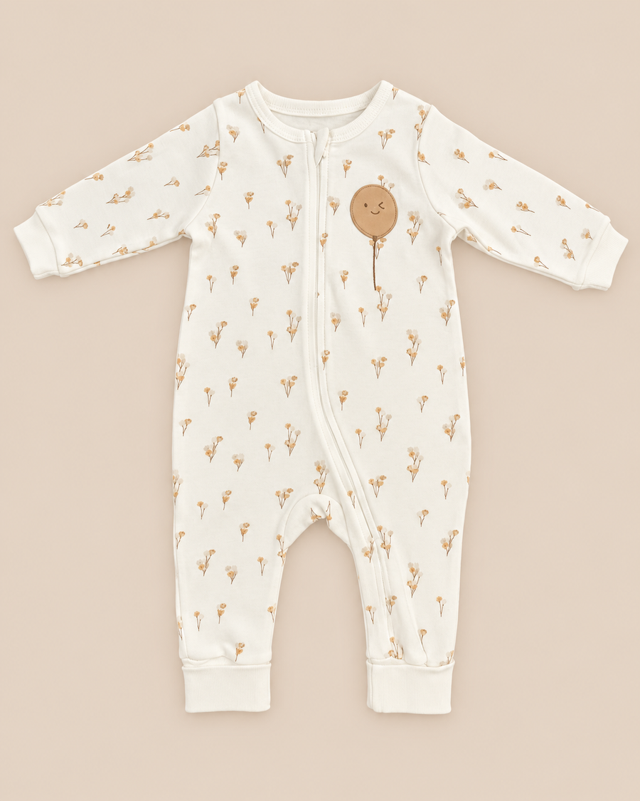 100% Organic Cotton Balloon Print Zipped Romper