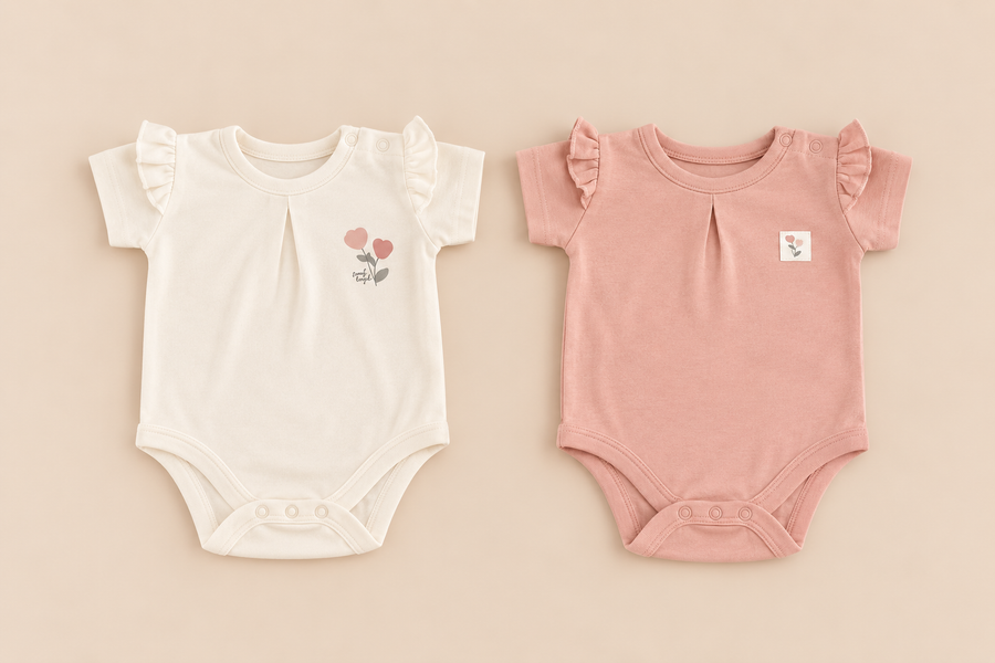 Organic Cotton Ruffle Baby Bodysuit Duo – Warm Cream & Dusty Rose | 100% Organic Cotton Interlock