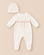 100% Organic Cotton Interlock Footed Baby Romper with Hat - Soft Sustainable Sleepwear