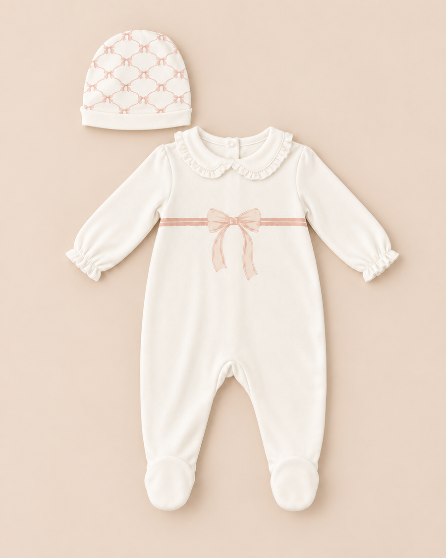 100% Organic Cotton Interlock Footed Baby Romper with Hat - Soft Sustainable Sleepwear