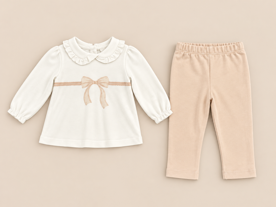 Organic Cotton Interlock Ecru/Dusty Pink Long Sleeve Blouse & Pants Set - Bow Detail (2 Piece)