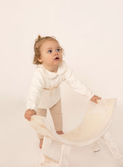 Organic Cotton Interlock Ecru/Dusty Pink Long Sleeve Blouse & Pants Set - Bow Detail (2 Piece)