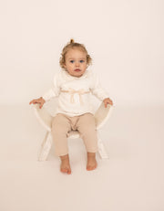 Organic Cotton Interlock Ecru/Dusty Pink Long Sleeve Blouse & Pants Set - Bow Detail (2 Piece)
