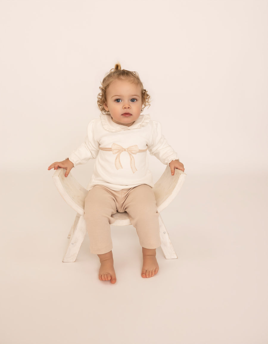 Organic Cotton Interlock Ecru/Dusty Pink Long Sleeve Blouse & Pants Set - Bow Detail (2 Piece)