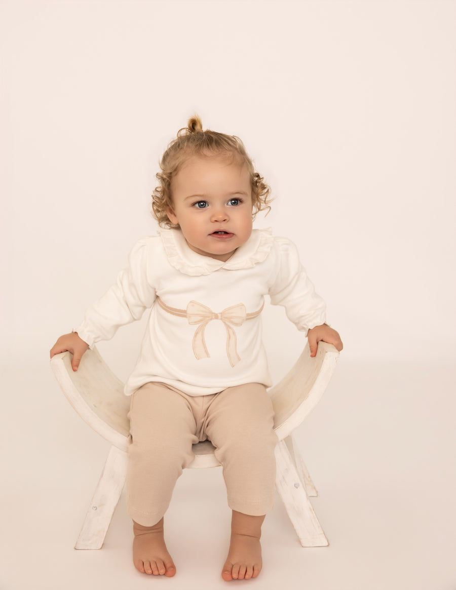 Organic Cotton Interlock Ecru/Dusty Pink Long Sleeve Blouse & Pants Set - Bow Detail (2 Piece)