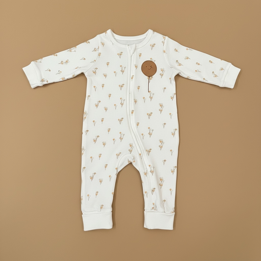 100% Organic Cotton Balloon Print Zipped Romper