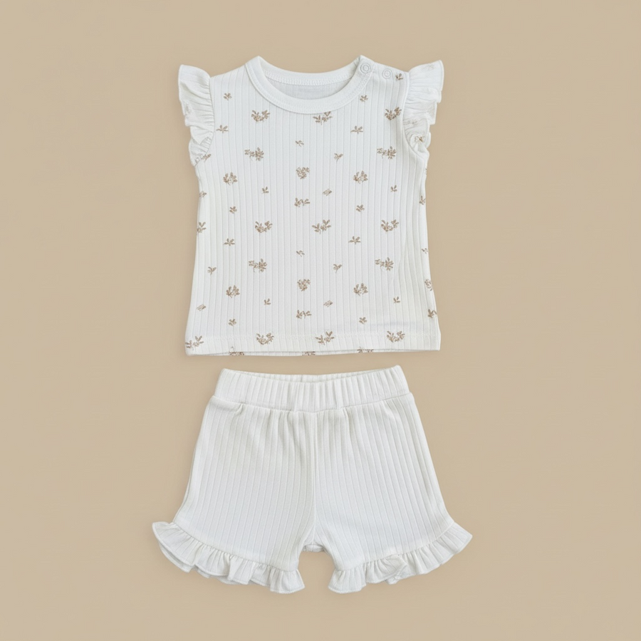 Organic Cotton Interlock Top & Shorts Set - Ivory Floral