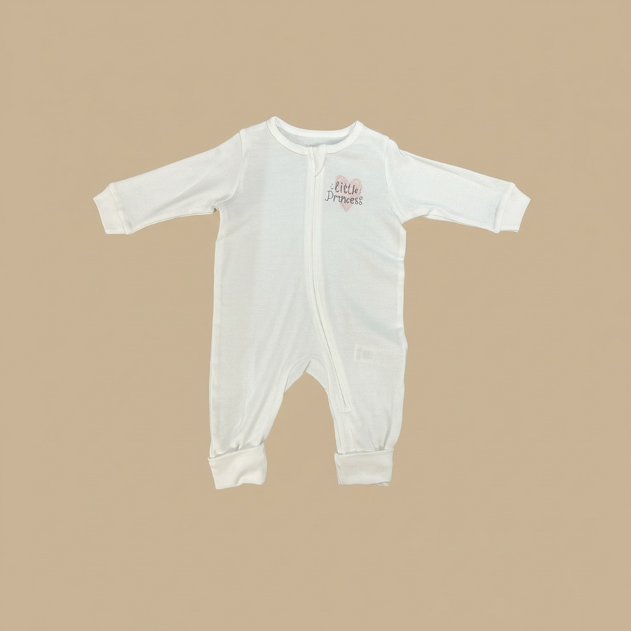 Organic Cotton Interlock Zip Romper - Ivory "Little Princess"