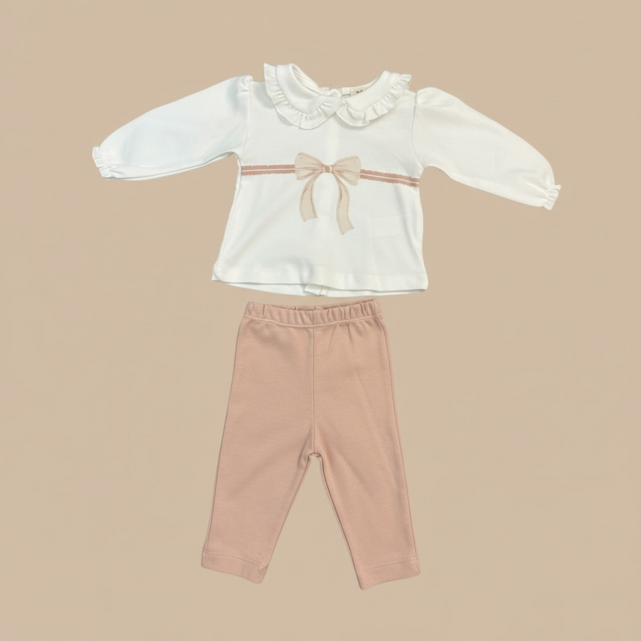 Organic Cotton Interlock Ecru/Powder Pink Set With Bow Detail & Leggings