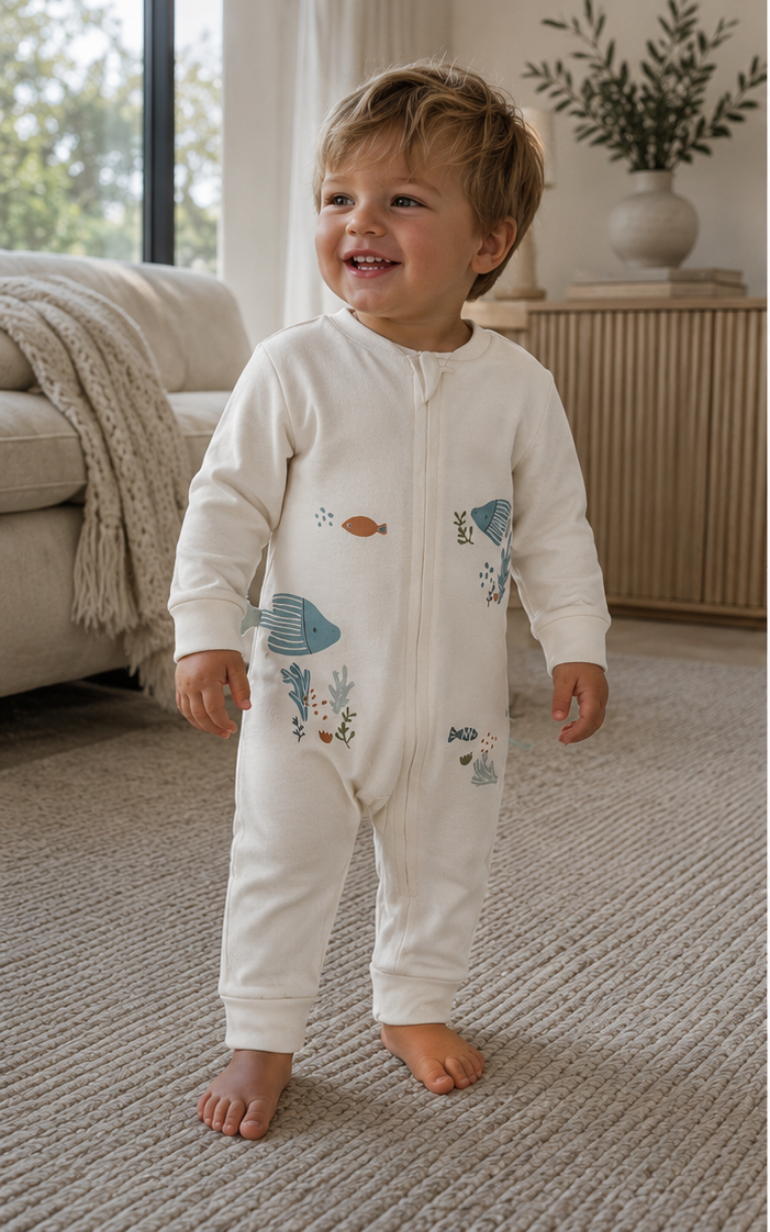 Organic Cotton Ocean Zip Sleepsuit | 100% Premium Interlock Baby Romper