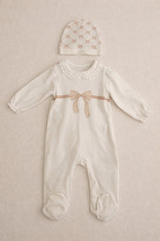 100% Organic Cotton Interlock Footed Baby Romper with Hat - Soft Sustainable Sleepwear